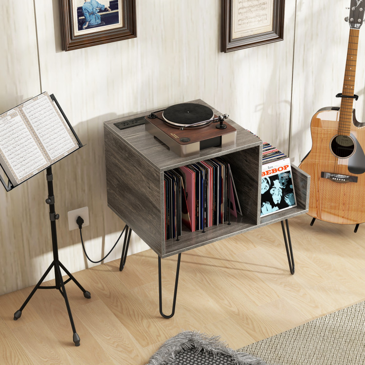 JZ10218US-GR Mid-century Record Player Stand with Power Outlet & Vinyl Divider - Gray