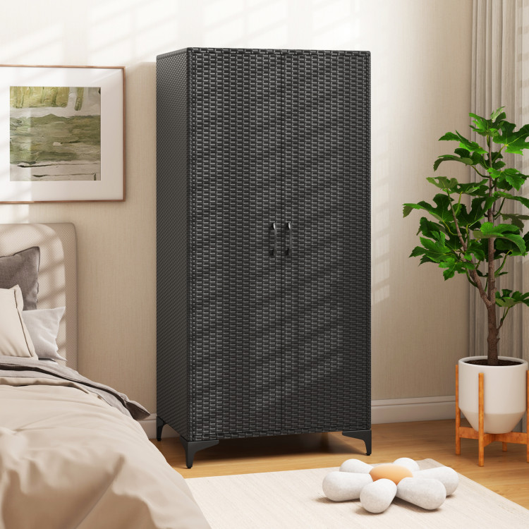 Picture of Total Tactic JZ10260DK 62 in. Wicker Wardrobe with 2 Doors PE Rattan Closet with Hanging Rod - Black