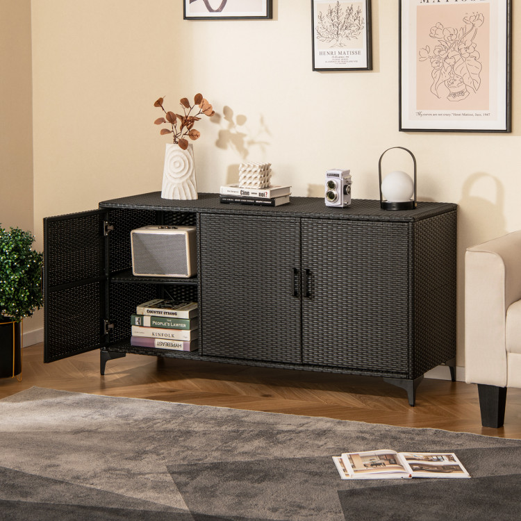 JZ10261DK 84 gal Patio Wicker Deck Box 3-Door PE Rattan Storage Container with Removable Shelves - Black
