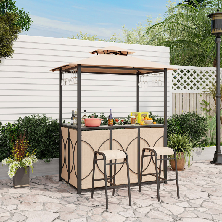 NP11864CF Patio Bar Set Grill Gazebo & 2 Bar Stools with Tempered Glass Bar Table - Brown - 3 Piece