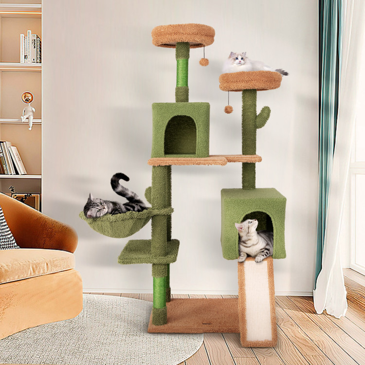 Picture of Total Tactic PV10197GN Multi-Level Cactus Cat Tree with Scratching Posts Ladder Double Condos & Toys Bed - Green