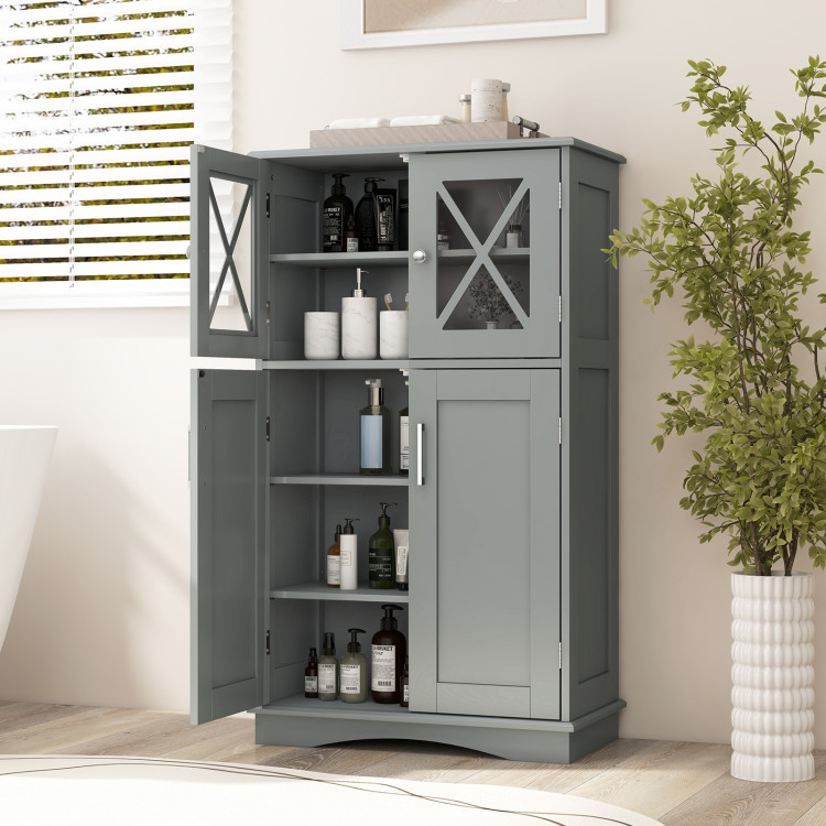 BA7884GR 4 Doors Freestanding Bathroom Floor Cabinet with Adjustable Shelves - Gray