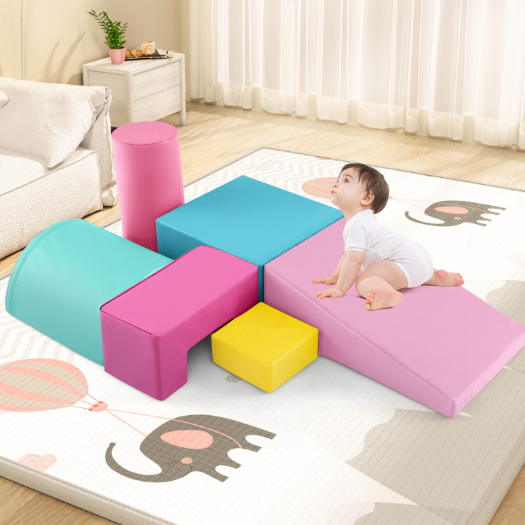 FH10099PI Foam Climbing Blocks Indoor Climb & Crawl Activity Playset with Rectangles - Pink - 6 Piece