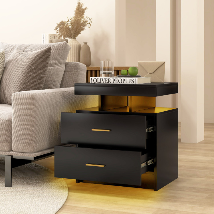 HU10674DK LED Nightstand with 2 Storage Drawers for Bedroom - Black