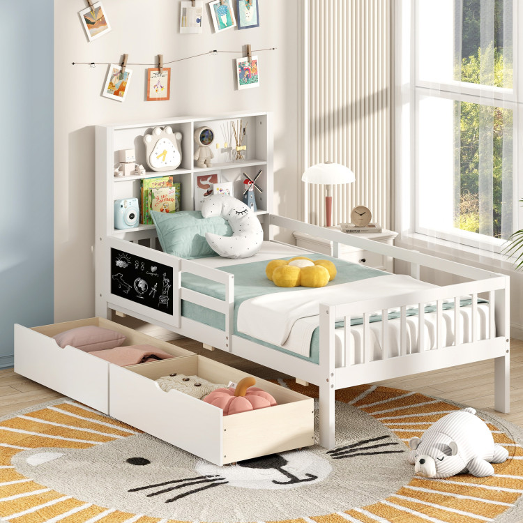 Picture of Total Tactic HU10715WHT Twin Size Bed Frame with 2 Drawers & Bookcase for Boys & Girls - White