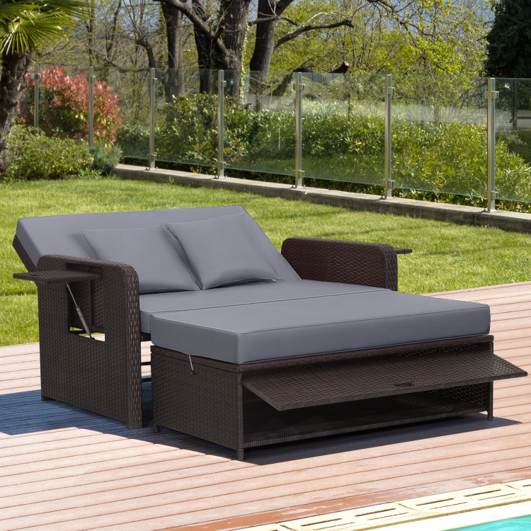 HW70644GR Patio Rattan Daybed with 4-Level Adjustable Backrest & Retractable Side Tray - Gray