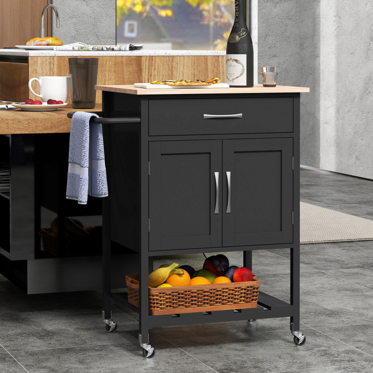 KC55206DK Rolling Kitchen Island Cart with Drawer & Towel Rack - Black