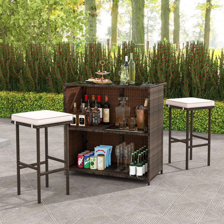 HW72348BN Patio Bar Set with Tempered Glass Tabletop - Brown - 3 Piece