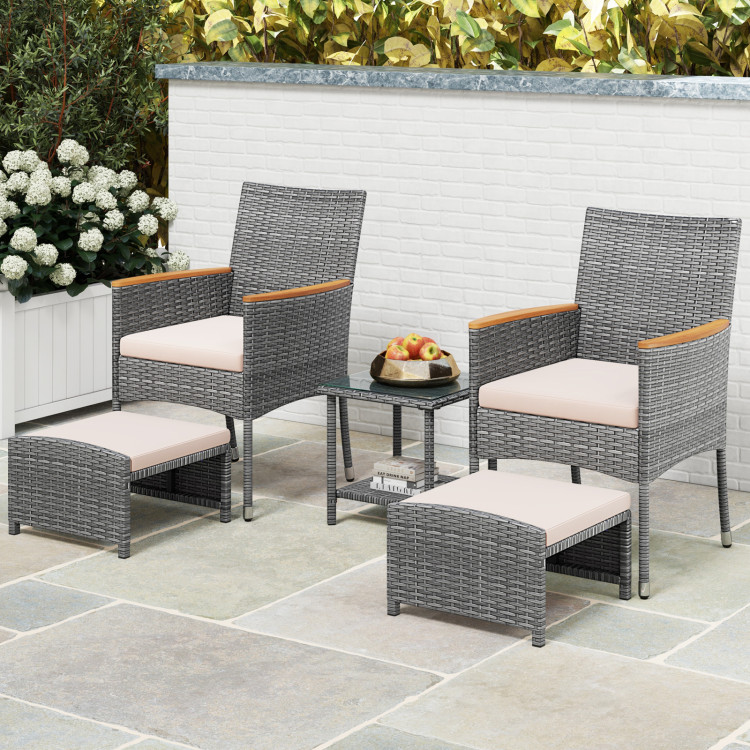 HW72363BN Patio Conversation Set with Soft Cushions & Ottomans - Beige - 5 Piece