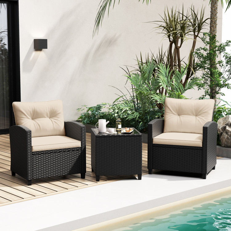 HW72392BN Patio Furniture Set with Tempered Glass Coffee Table - Off White - 3 Piece