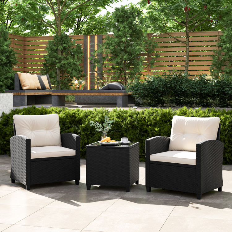 HW72392WH Patio Furniture Set with Tempered Glass Coffee Table - White - 3 Piece