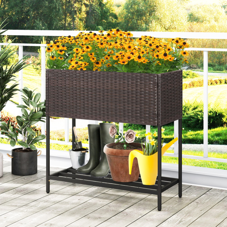HW72719 Wicker Raised Garden Bed with Storage Shelf & Removable Liner for Flowers