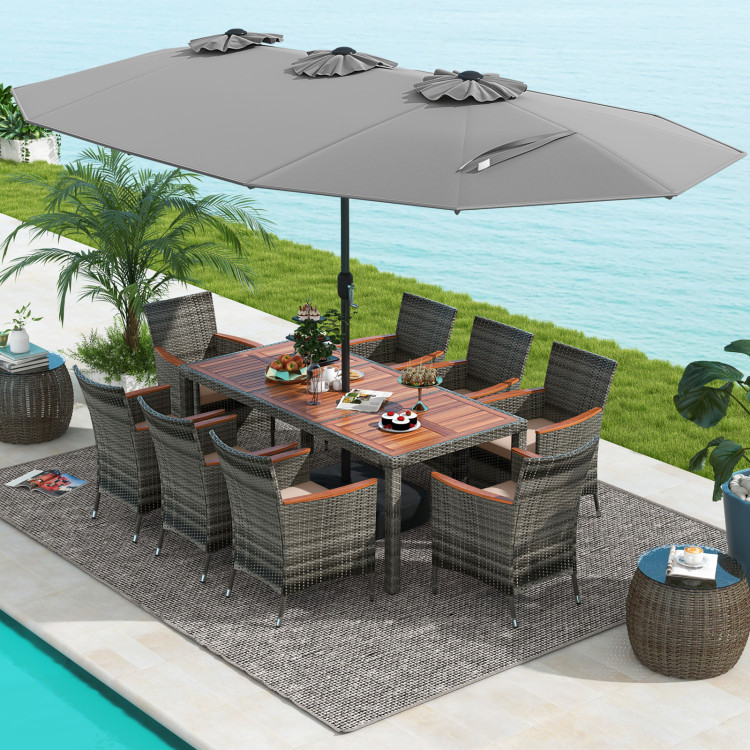 NP10209SL-HW71816 Patio Wicker Dining Set with 15 ft. Double-Sided Patio Umbrella - Gray - 10 Piece