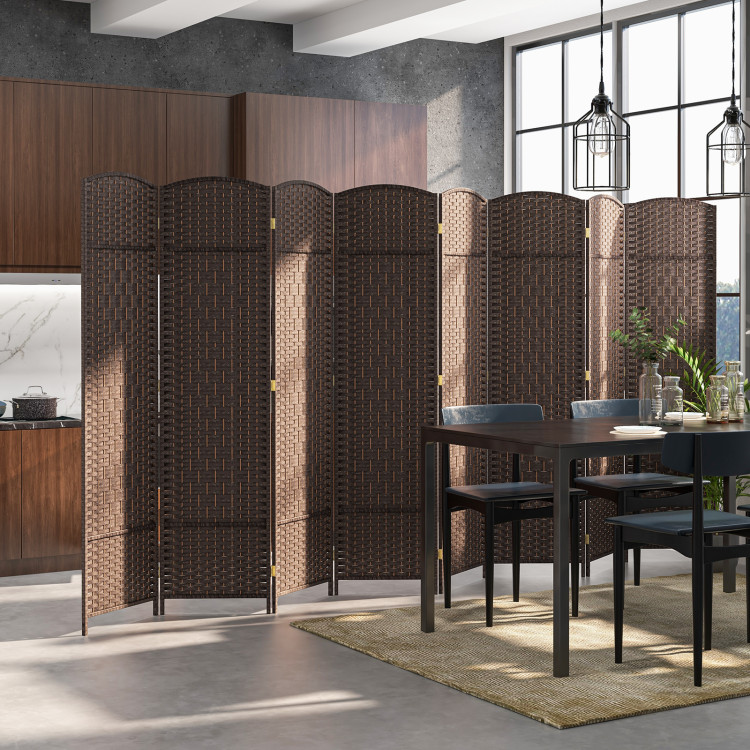JV11390BN 8-Panel Folding Room Divider with Hand-Woven Texture & Solid Wood Frame - Brown