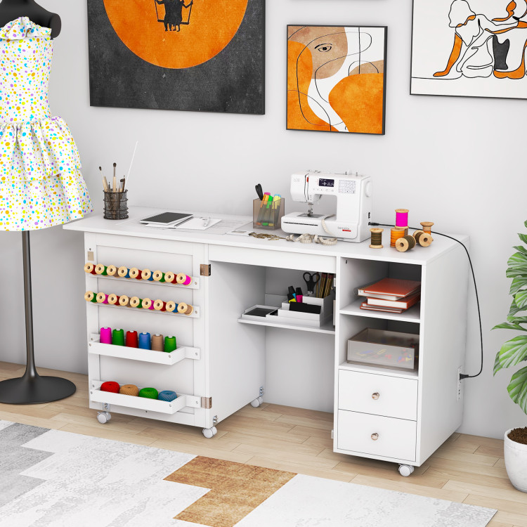 JV11550US-WH Folding Sewing Table with Charging Station & Storage Shelves - White