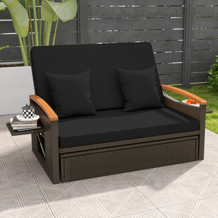 HW71627DK Outdoor Wicker Daybed with Folding Panels & Storage Ottoman - Black