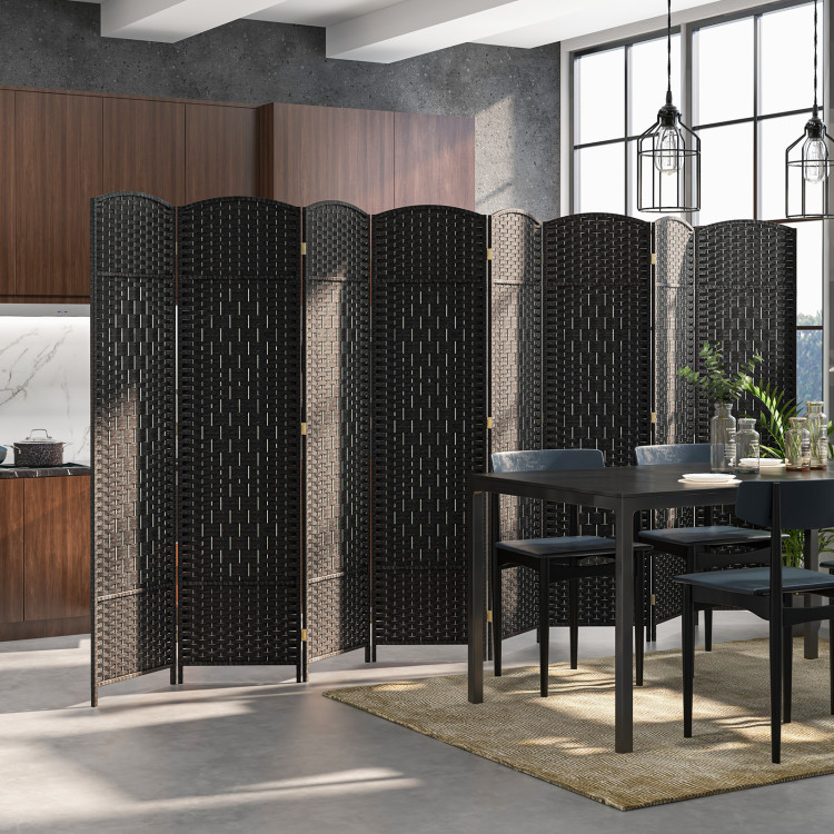 JV11390DK 8-Panel Folding Room Divider with Hand-Woven Texture & Solid Wood Frame - Black