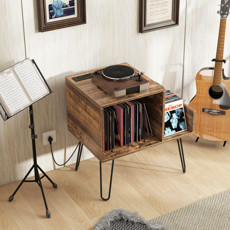 JZ10218US-CF Mid-century Record Player Stand with Power Outlet & Vinyl Divider - Rustic Brown