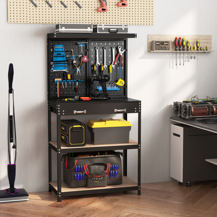 TH10068BL Tool Storage Workbench with Pegboard with 14 Hanging Accessories for Garage - Black & Blue