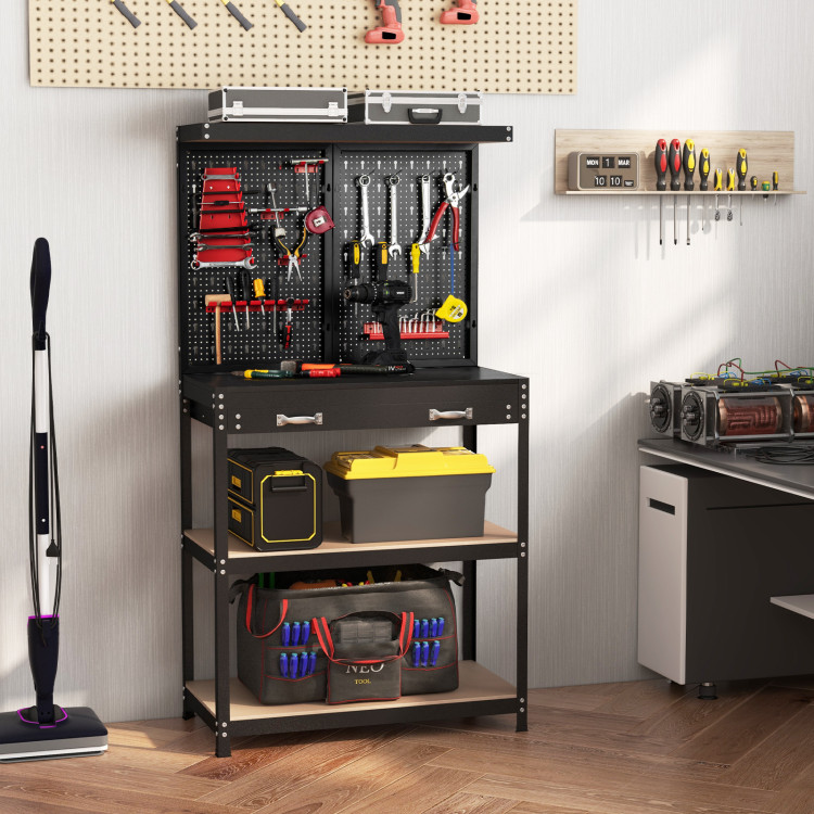 TH10068RE Tool Storage Workbench with Pegboard with 14 Hanging Accessories for Garage - Black & Red