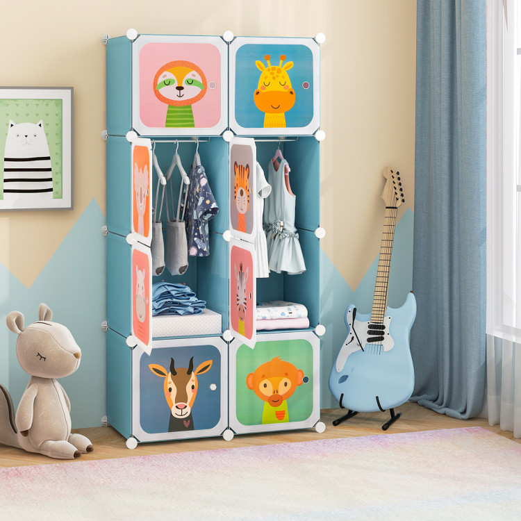 JZ10131BL 8-Cube Kids Wardrobe Closet with Clothes Hanging Section & Doors - Blue