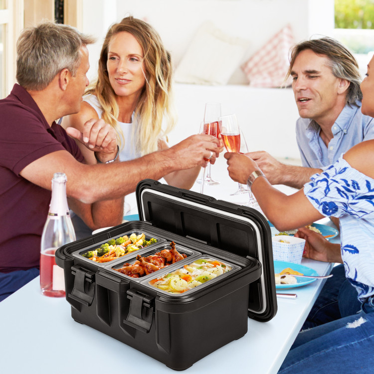 TA10064BK 31 qt. Insulated Food Pan Container with 3 Transparent One-Third Pans with Lids - Black