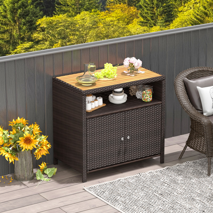 Picture of Total Tactic HW72249 Rattan Storage Cabinet with Acacia Wood Countertop for Poolside Deck & Patio - Brown