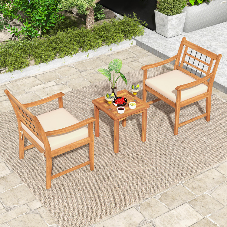 HW72587WH Wood Patio Furniture Set with Seat Cushions & Acacia Wood Frame - White - 3 Piece