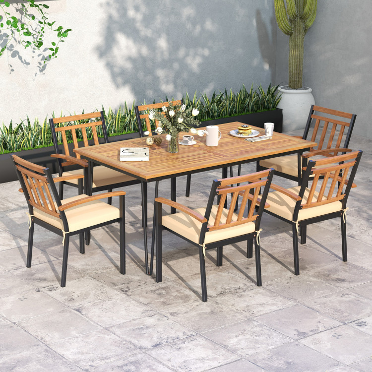 HW72244 63 in. Rectangular Outdoor Dining Table with Acacia Wood Tabletop & Umbrella Hole for 6 People