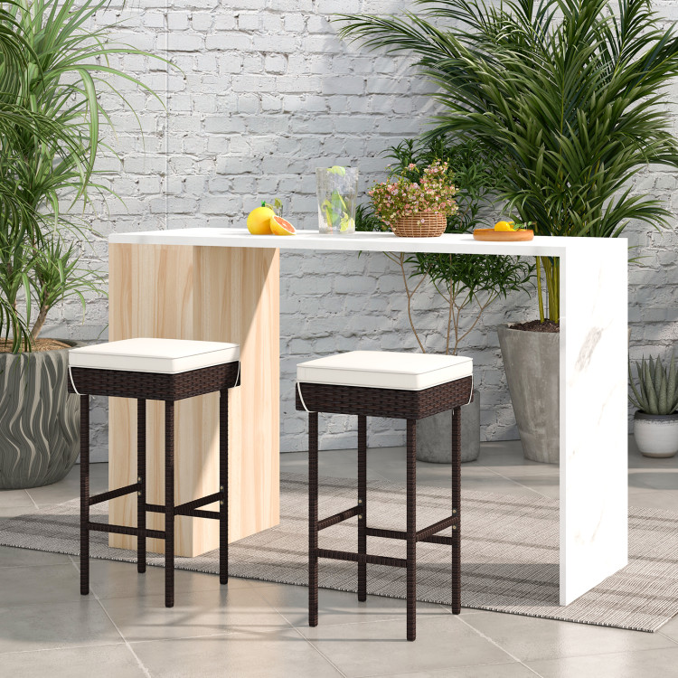 HW72311-2 Patio Rattan Barstools Set with Footrest & Soft Cushions for Backyard Balcony - 2 Piece