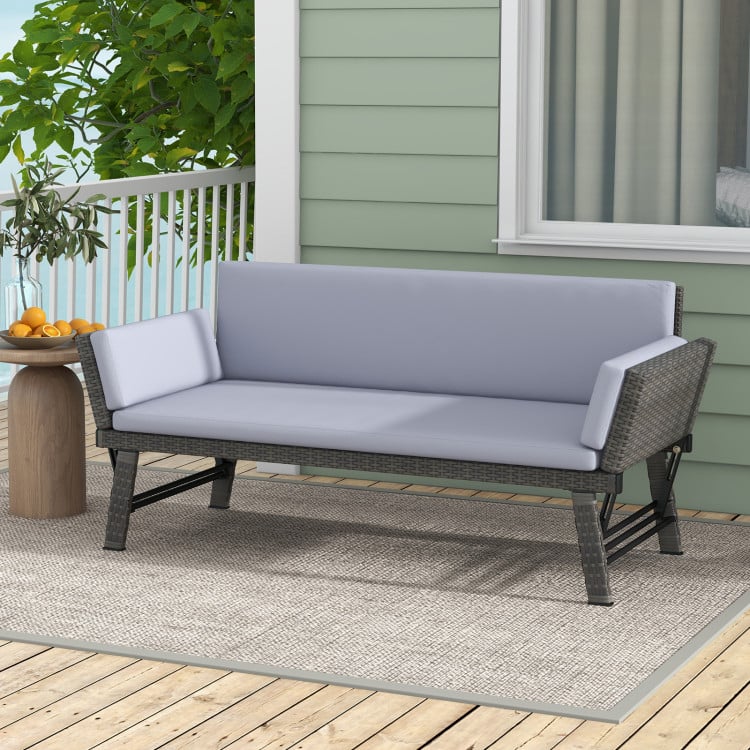 HW72355GR Outdoor Convertible Sofa Daybed with Adjustable Armrests for Balcony - Gray