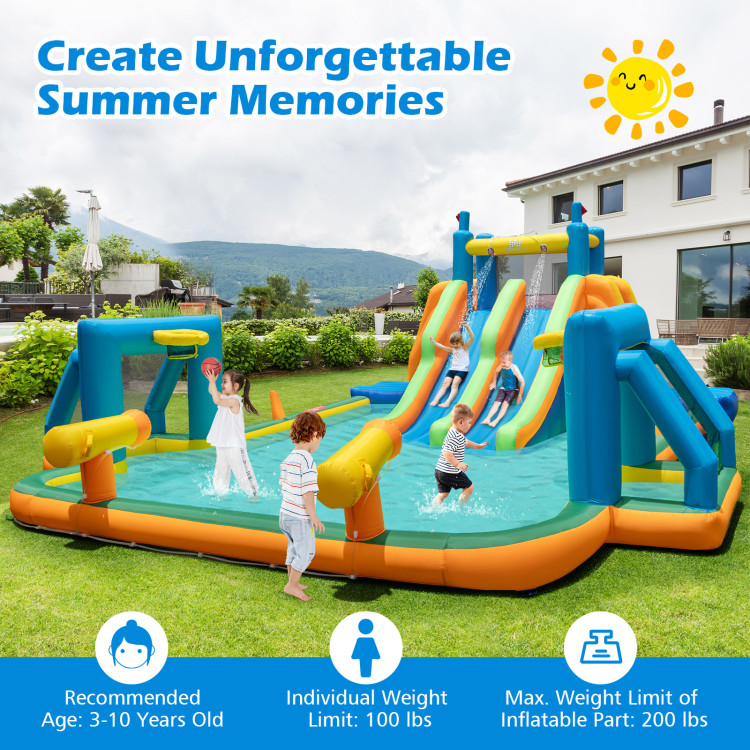 NP11312-EP24684 Kids Inflatable Water Slide with 2 Long Slides & 2 Soccer Gates with 950W Blower