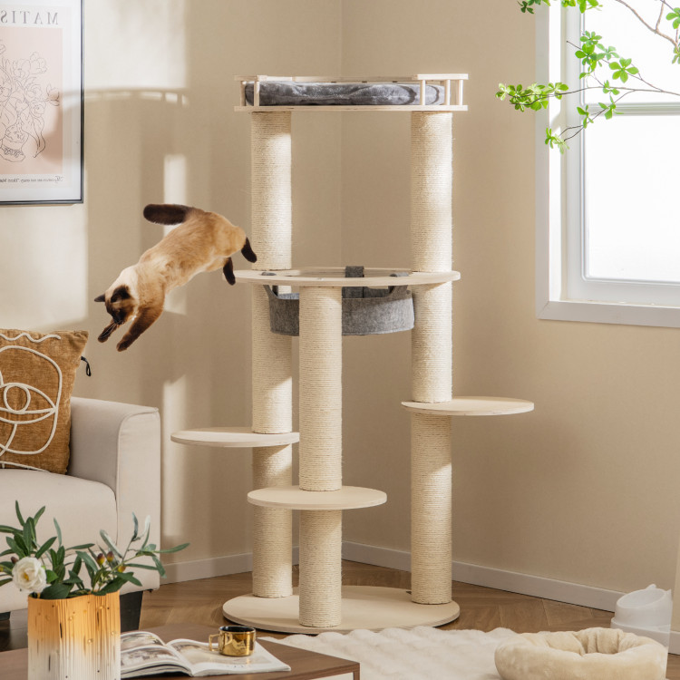 Picture of Total Tactic PV10171GR 5-Level Wooden Cat Tree with Padded Perch Non-Woven Hammock - Gray