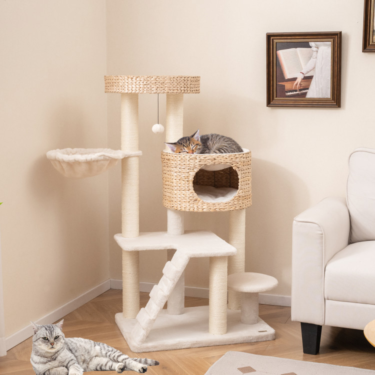 Picture of Total Tactic PV10204NA Modern Cat Tree for Indoor Cats with Cattail Fluff Condo & Top Perch - Natural