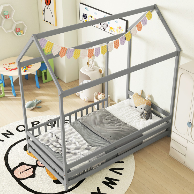 Picture of Total Tactic HU10867GY Twin Size Kids House Bed Wooden Floor Bed with Roof & Full-length Safety Guardrail - Gray