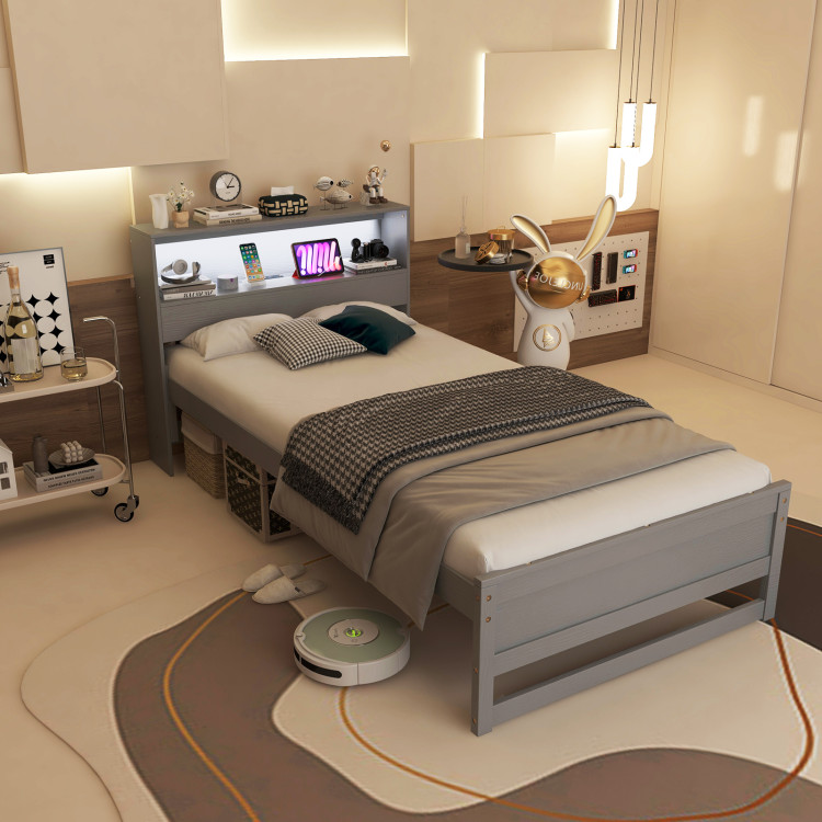 Picture of Total Tactic HU10880GY Twin Size Bed Frame with Storage Headboard & Charging Station - Gray