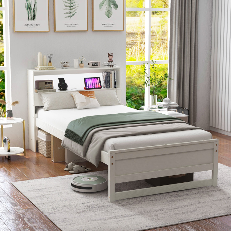 Picture of Total Tactic HU10880WH Twin Size Bed Frame with Storage Headboard & Charging Station - White