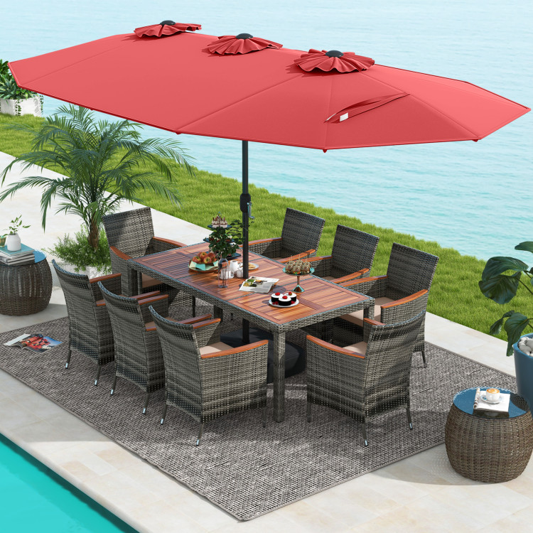 NP10209RE-HW71816 Patio Wicker Dining Set with 15 ft. Double-Sided Patio Umbrella - Red - 10 Piece