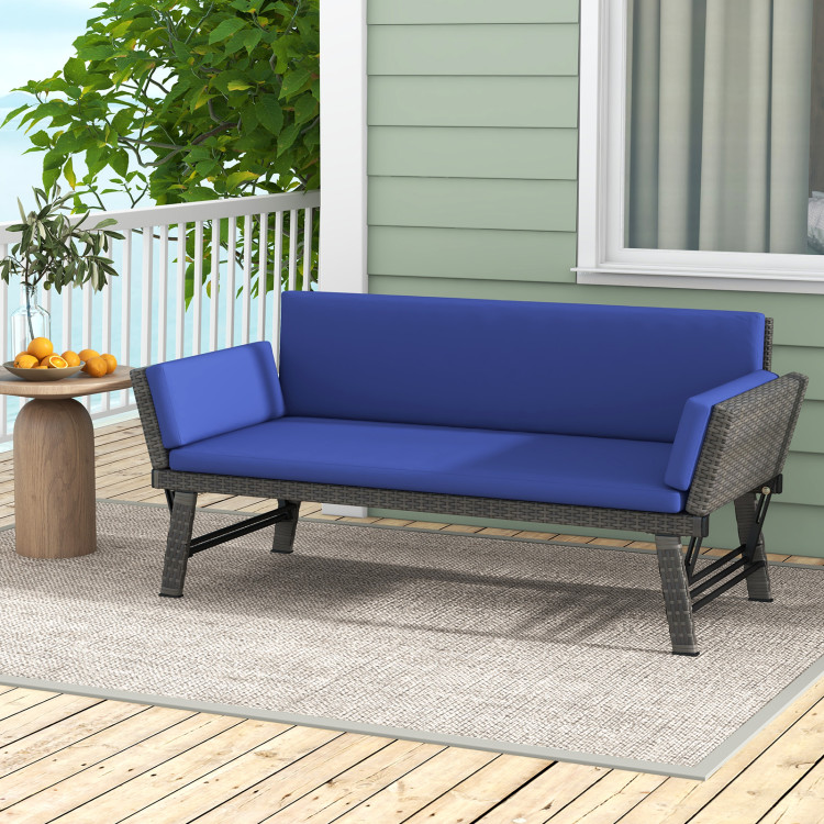 HW72355NY Outdoor Convertible Sofa Daybed with Adjustable Armrests for Balcony - Navy