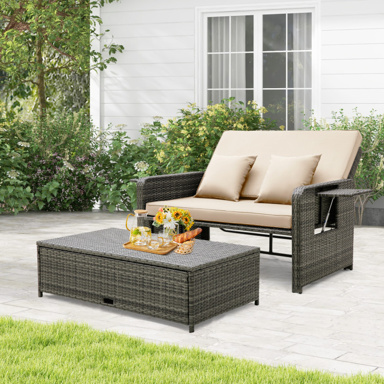 HW71247BN Patio Wicker Loveseat Sofa with Multipurpose Ottoman & Retractable Side Tray - Beige