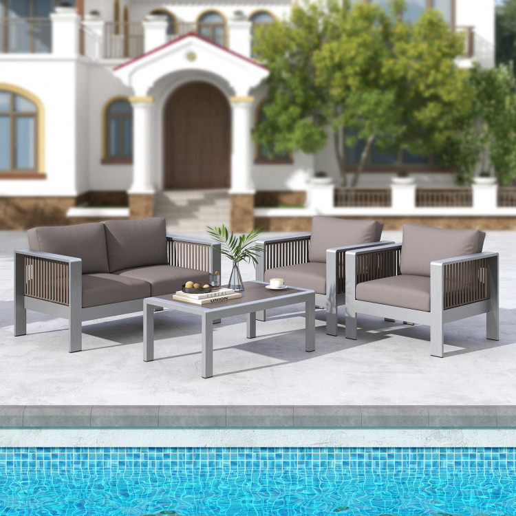 NP11418GR Outdoor Rectangle Coffee Table with Tempered Glass Tabletop for Backyard Poolside - Gray