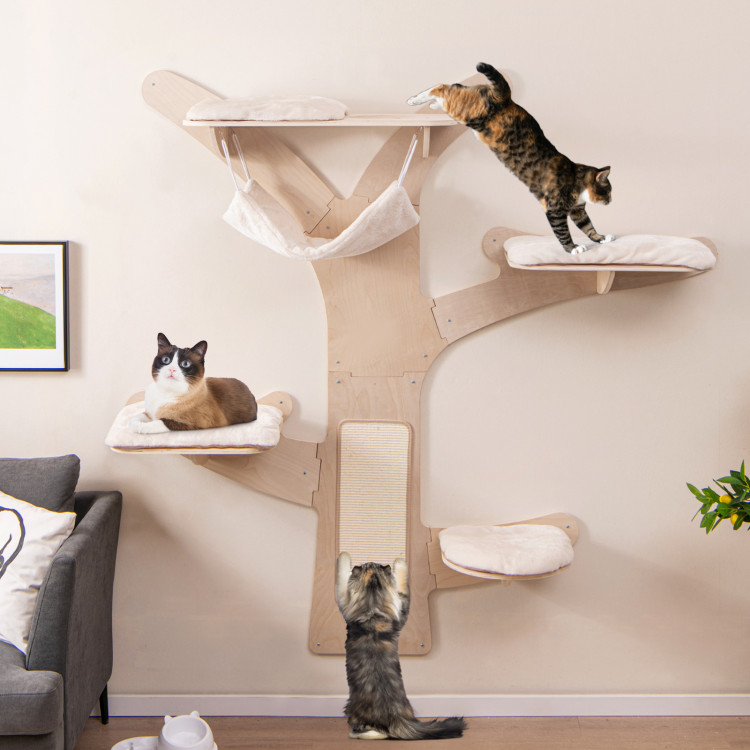Picture of Total Tactic PV10152NA Wall-Mounted Cat Tower with Hammock Platforms & Sisal Scratching Mat - Natural