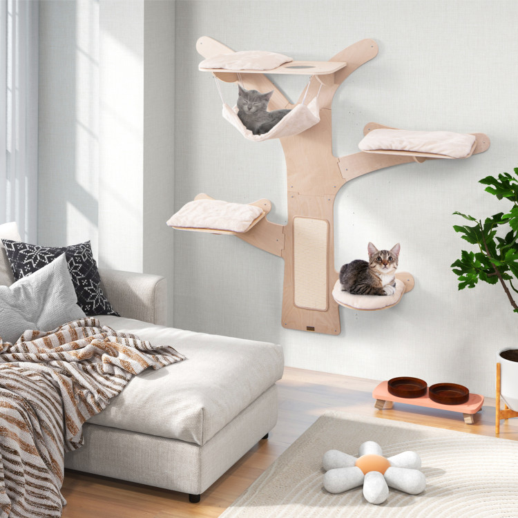 Picture of Total Tactic PV10152NA Wall-Mounted Cat Tower with Hammock Platforms & Sisal Scratching Mat - Natural