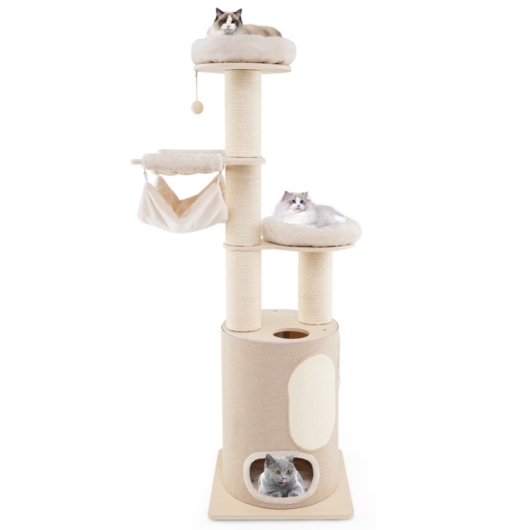 Picture of Total Tactic PV10174NA 74 in. Tall Wooden Cat Tower Tree with 2-Story Cat Condo & Washable Cushions - Natural