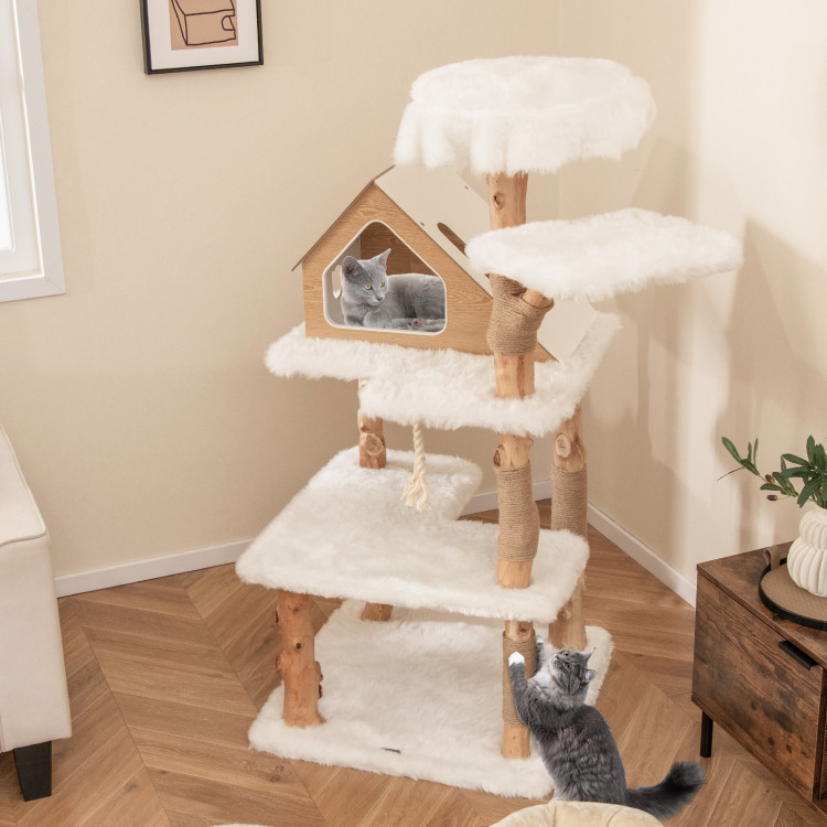 Picture of Total Tactic PV10215WH 60 in. Tall Solid Wood Cat Tree Modern Wooden Cat Tower with 2 Perches - White