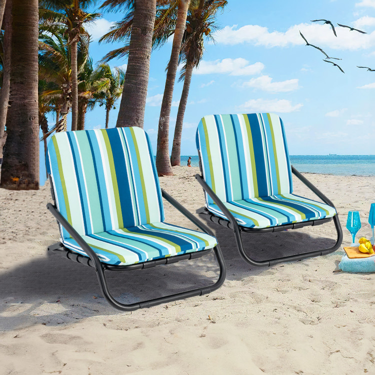 NP11604NY-2 Low Folding Beach Chairs for Adults with Cushion - Blue - Pack of 2