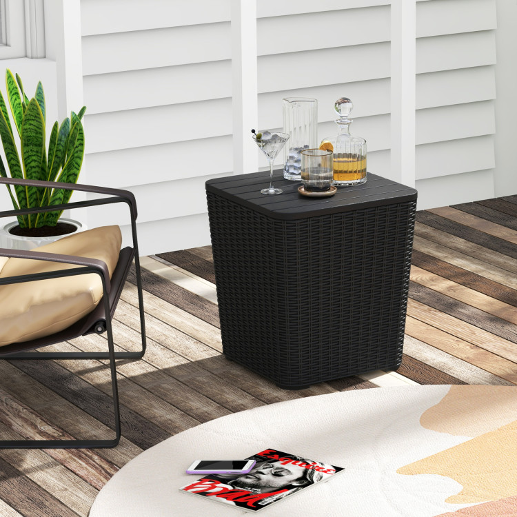 NP11634BK Outdoor Resin Storage Side Table with Removable Lid & Wicker-Woven Accent - Black