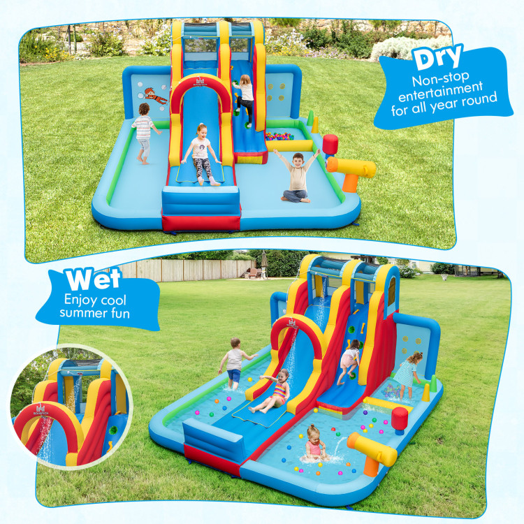 NP11369-EP24683 Inflatable Water Slide Water Park with Long Slide & Splash Pools & Ball Pit with 735W Blower