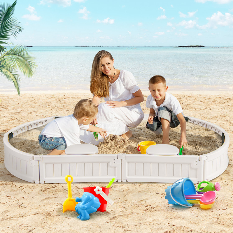 NP10241WH 6 ft. Kids Oval Sandbox with Built-in Corner Seat & Bottom Liner - White