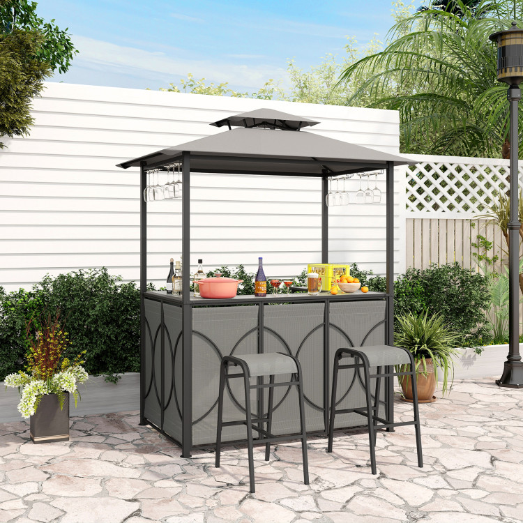 NP11864GR Patio Bar Set Grill Gazebo & 2 Bar Stools with Tempered Glass Bar Table - Gray - 3 Piece